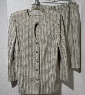 St John Evening Knit Cream Green Metallic Skirt Suit Rhinestones Sz 14 MOB MOG